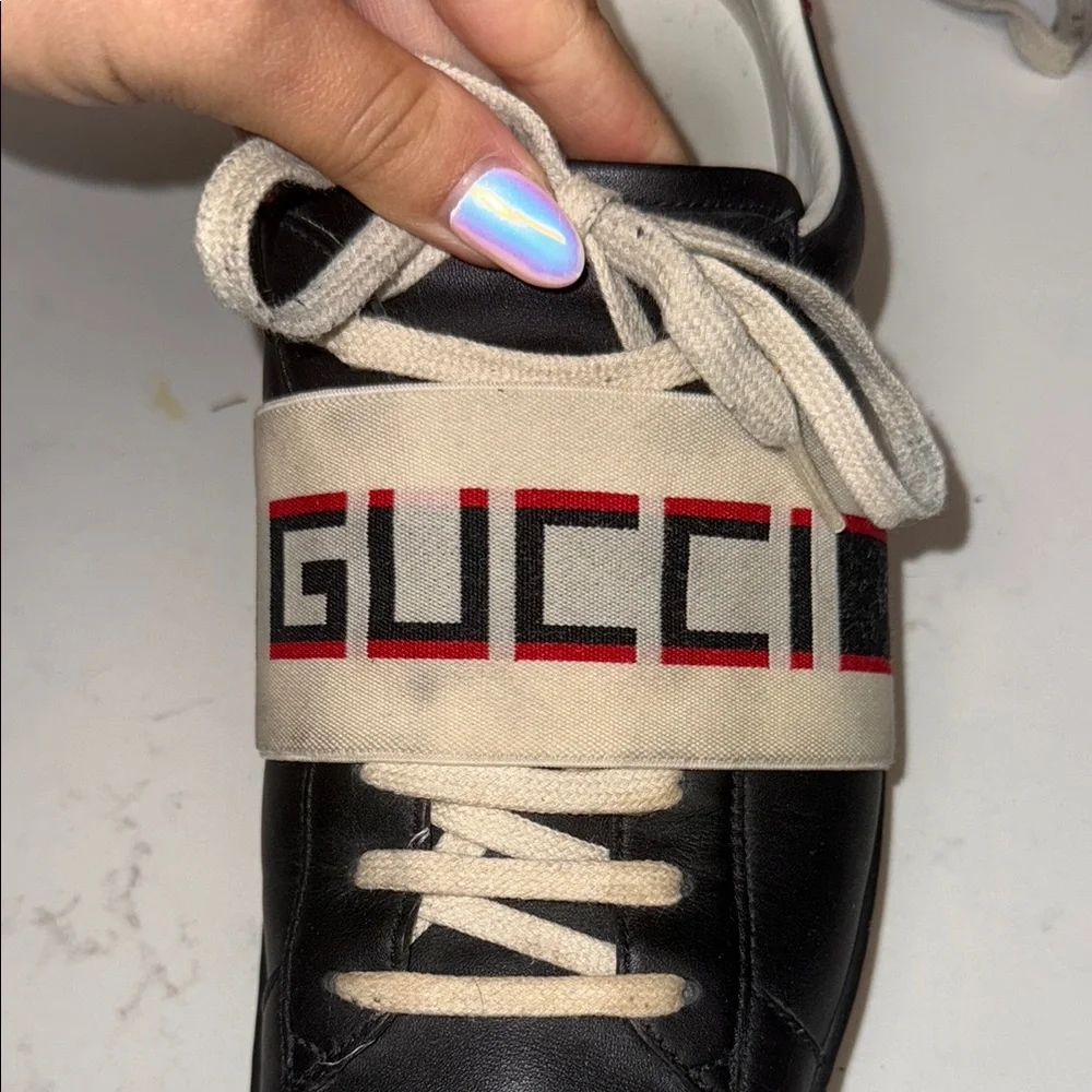 GUCCI 523469 ACE MEN'S SHOES BLACK CALF-SKIN LEATHER CASUAL SNEAKERS